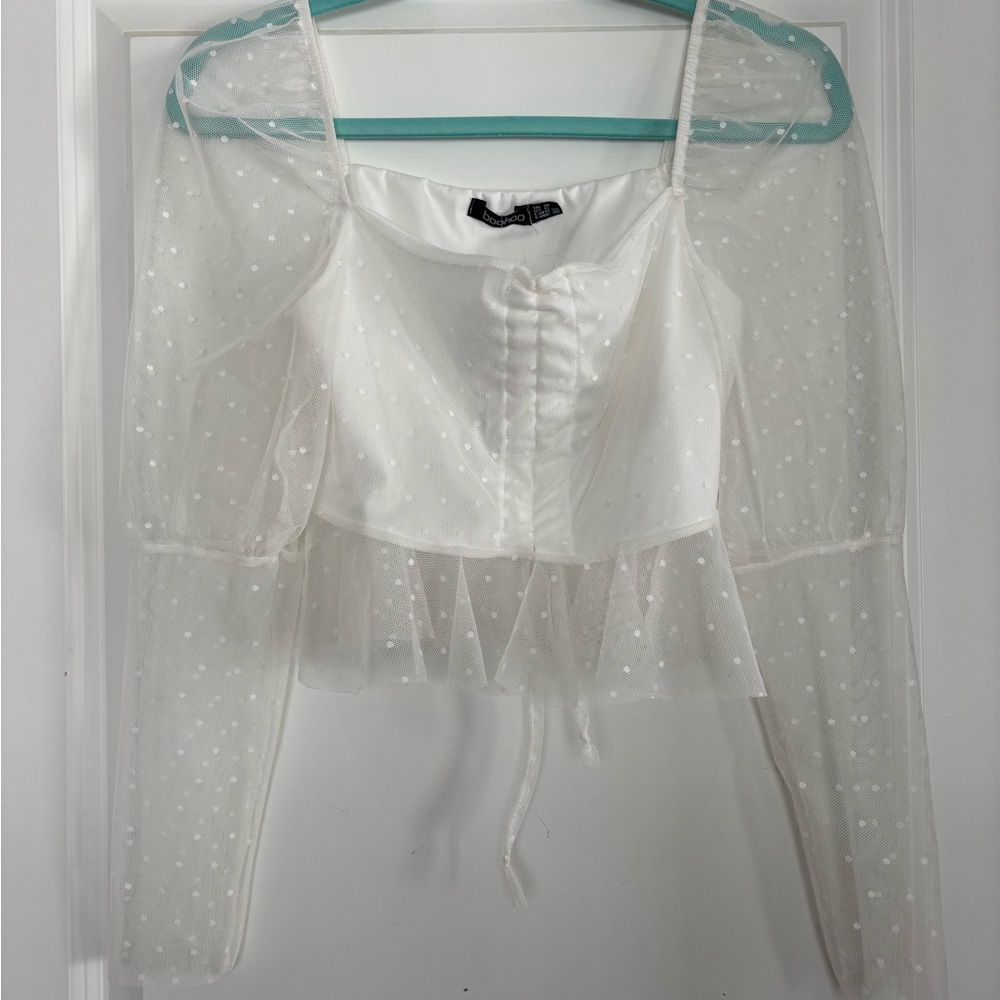 Boohoo White Sheer Polka Dot Blouse